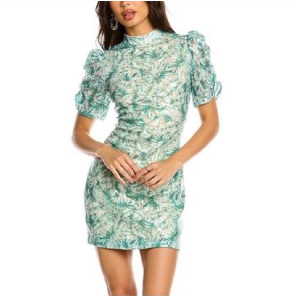 cocktail dress size 12 Badgley Mischka white green Sequin Palm Puff Sleeve - Picture 1 of 13